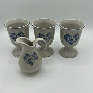 CREAM AND BLUE STONEWEAR DRINKING MUGS AND PITCHER